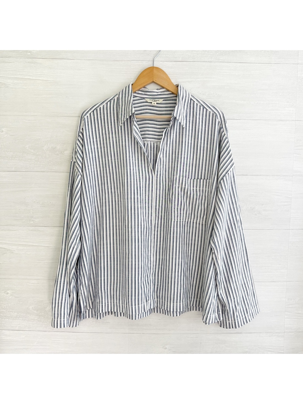 Max Studio London Blue White Stripe Oversized Popover Roll Tab Shirt XL